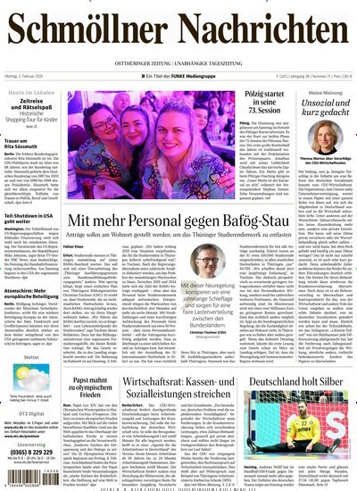 Titelbild der Ausgabe 27/2026 von Ostthüringer Zeitung Schmölln. Diese Zeitschrift und viele weitere Zeitungsabos als Abo oder epaper bei United Kiosk online kaufen.