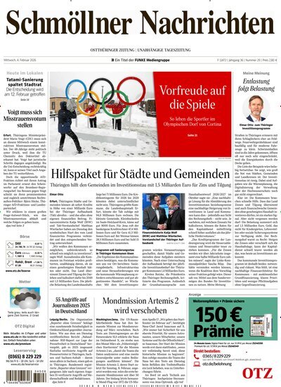 Titelbild der Ausgabe 29/2026 von Ostthüringer Zeitung Schmölln. Diese Zeitschrift und viele weitere Zeitungsabos als Abo oder epaper bei United Kiosk online kaufen.