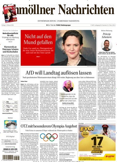 Titelbild der Ausgabe 31/2026 von Ostthüringer Zeitung Schmölln. Diese Zeitschrift und viele weitere Zeitungsabos als Abo oder epaper bei United Kiosk online kaufen.