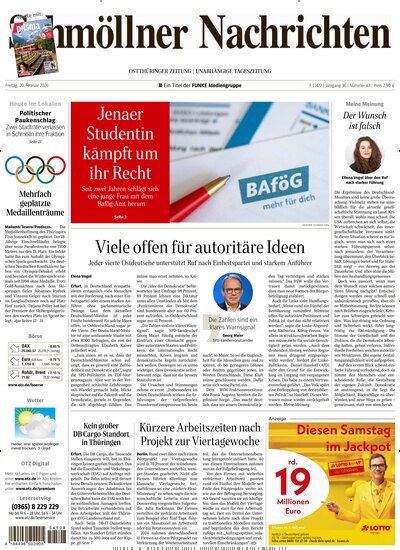 Titelbild der Ausgabe 43/2026 von Ostthüringer Zeitung Schmölln. Diese Zeitschrift und viele weitere Zeitungsabos als Abo oder epaper bei United Kiosk online kaufen.