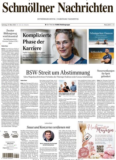 Titelbild der Ausgabe 62/2026 von Ostthüringer Zeitung Schmölln. Diese Zeitschrift und viele weitere Zeitungsabos als Abo oder epaper bei United Kiosk online kaufen.
