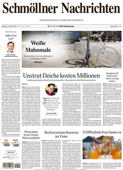 Titelbild der Ausgabe 63/2026 von Ostthüringer Zeitung Schmölln. Diese Zeitschrift und viele weitere Zeitungsabos als Abo oder epaper bei United Kiosk online kaufen.