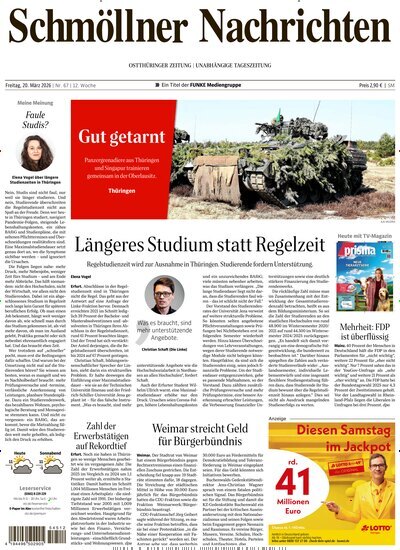 Titelbild der Ausgabe 67/2026 von Ostthüringer Zeitung Schmölln. Diese Zeitschrift und viele weitere Zeitungsabos als Abo oder epaper bei United Kiosk online kaufen.