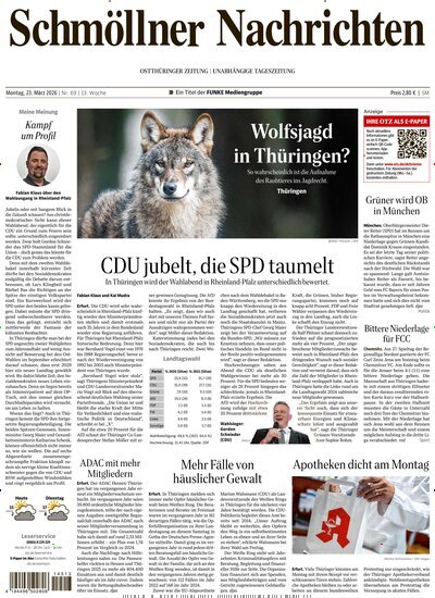 Titelbild der Ausgabe 69/2026 von Ostthüringer Zeitung Schmölln. Diese Zeitschrift und viele weitere Zeitungsabos als Abo oder epaper bei United Kiosk online kaufen.