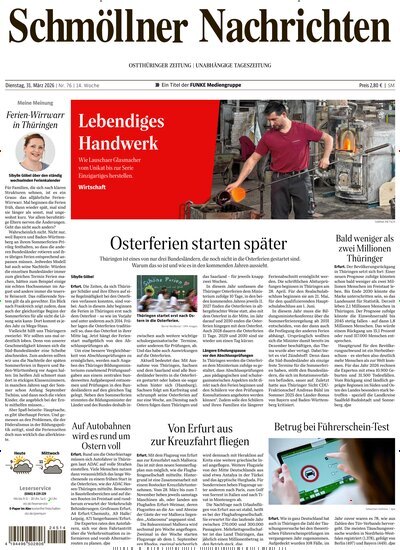 Titelbild der Ausgabe 76/2026 von Ostthüringer Zeitung Schmölln. Diese Zeitschrift und viele weitere Zeitungsabos als Abo oder epaper bei United Kiosk online kaufen.