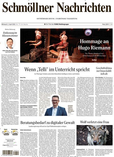 Titelbild der Ausgabe 77/2026 von Ostthüringer Zeitung Schmölln. Diese Zeitschrift und viele weitere Zeitungsabos als Abo oder epaper bei United Kiosk online kaufen.