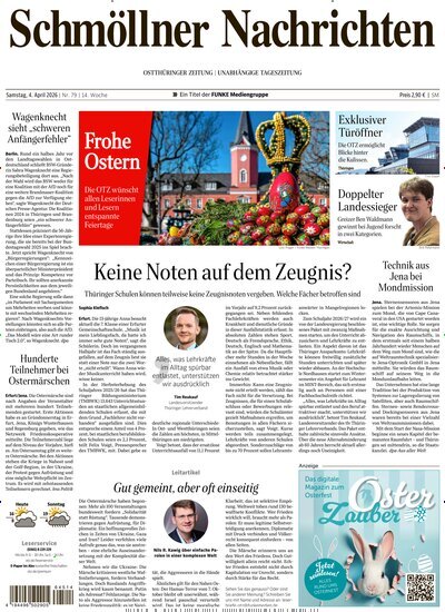 Titelbild der Ausgabe 79/2026 von Ostthüringer Zeitung Schmölln. Diese Zeitschrift und viele weitere Zeitungsabos als Abo oder epaper bei United Kiosk online kaufen.