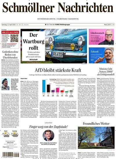 Titelbild der Ausgabe 84/2026 von Ostthüringer Zeitung Schmölln. Diese Zeitschrift und viele weitere Zeitungsabos als Abo oder epaper bei United Kiosk online kaufen.