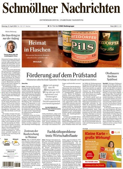 Titelbild der Ausgabe 92/2026 von Ostthüringer Zeitung Schmölln. Diese Zeitschrift und viele weitere Zeitungsabos als Abo oder epaper bei United Kiosk online kaufen.