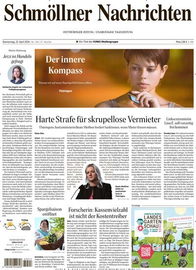 Titelbild der Ausgabe 94/2026 von Ostthüringer Zeitung Schmölln. Diese Zeitschrift und viele weitere Zeitungsabos als Abo oder epaper bei United Kiosk online kaufen.