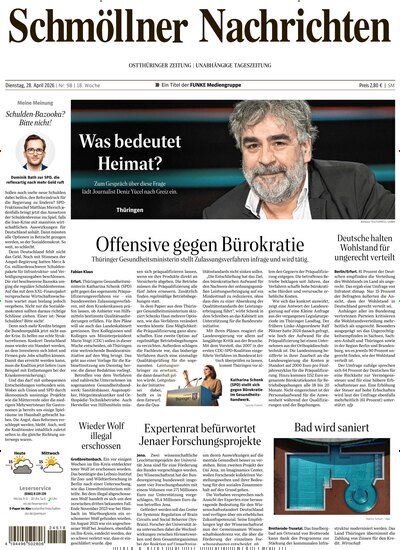 Titelbild der Ausgabe 98/2026 von Ostthüringer Zeitung Schmölln. Diese Zeitschrift und viele weitere Zeitungsabos als Abo oder epaper bei United Kiosk online kaufen.