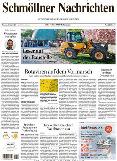 Titelbild der Ausgabe 99/2026 von Ostthüringer Zeitung Schmölln. Diese Zeitschrift und viele weitere Zeitungsabos als Abo oder epaper bei United Kiosk online kaufen.