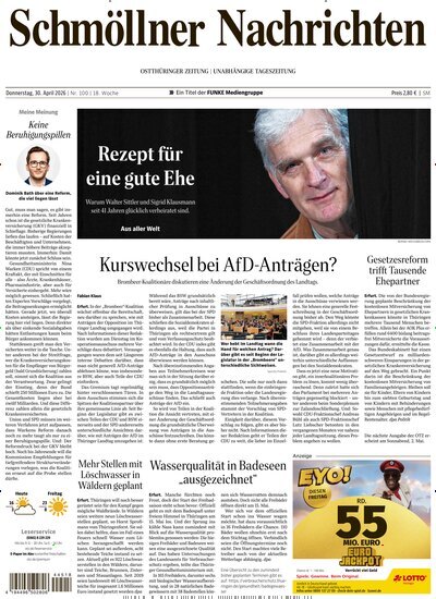 Titelbild der Ausgabe 100/2026 von Ostthüringer Zeitung Schmölln. Diese Zeitschrift und viele weitere Zeitungsabos als Abo oder epaper bei United Kiosk online kaufen.