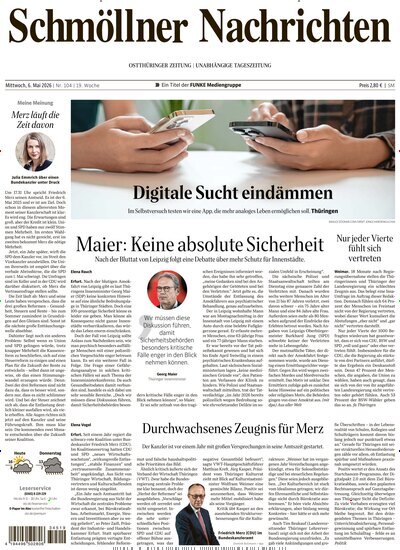 Titelbild der Ausgabe 104/2026 von Ostthüringer Zeitung Schmölln. Diese Zeitschrift und viele weitere Zeitungsabos als Abo oder epaper bei United Kiosk online kaufen.
