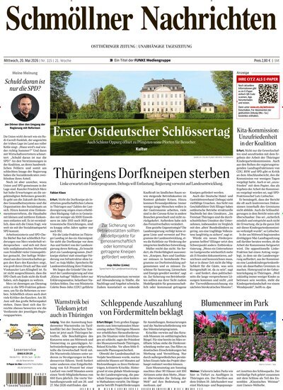 Titelbild der Ausgabe 115/2026 von Ostthüringer Zeitung Schmölln. Diese Zeitschrift und viele weitere Zeitungsabos als Abo oder epaper bei United Kiosk online kaufen.