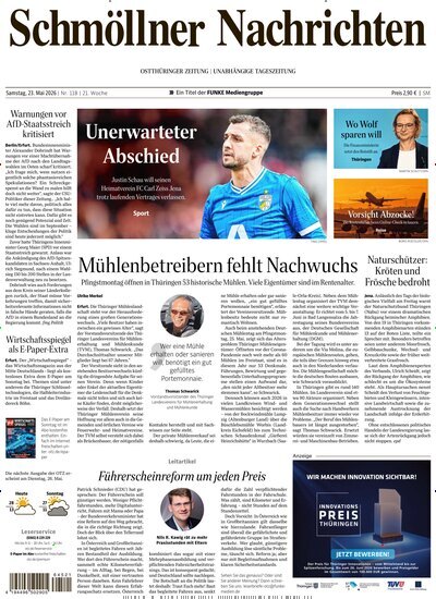 Titelbild der Ausgabe 118/2026 von Ostthüringer Zeitung Schmölln. Diese Zeitschrift und viele weitere Zeitungsabos als Abo oder epaper bei United Kiosk online kaufen.
