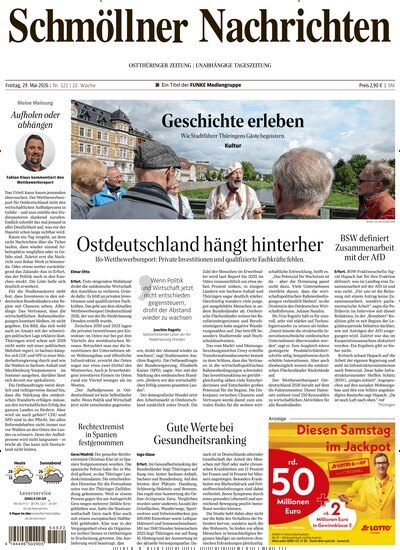 Titelbild der Ausgabe 122/2026 von Ostthüringer Zeitung Schmölln. Diese Zeitschrift und viele weitere Zeitungsabos als Abo oder epaper bei United Kiosk online kaufen.