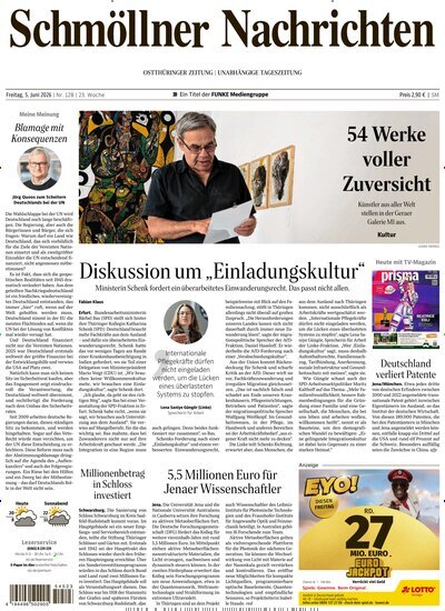 Titelbild der Ausgabe 128/2026 von Ostthüringer Zeitung Schmölln. Diese Zeitschrift und viele weitere Zeitungsabos als Abo oder epaper bei United Kiosk online kaufen.
