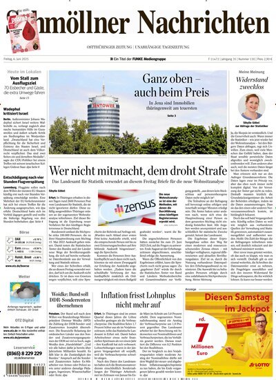 Titelbild der Ausgabe 130/2025 von Ostthüringer Zeitung Schmölln. Diese Zeitschrift und viele weitere Zeitungsabos als Abo oder epaper bei United Kiosk online kaufen.