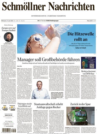 Titelbild der Ausgabe 138/2026 von Ostthüringer Zeitung Schmölln. Diese Zeitschrift und viele weitere Zeitungsabos als Abo oder epaper bei United Kiosk online kaufen.