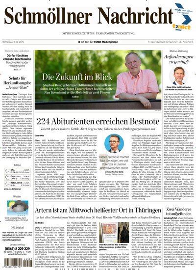 Titelbild der Ausgabe 152/2025 von Ostthüringer Zeitung Schmölln. Diese Zeitschrift und viele weitere Zeitungsabos als Abo oder epaper bei United Kiosk online kaufen.