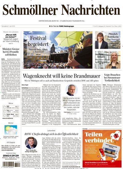 Titelbild der Ausgabe 154/2025 von Ostthüringer Zeitung Schmölln. Diese Zeitschrift und viele weitere Zeitungsabos als Abo oder epaper bei United Kiosk online kaufen.