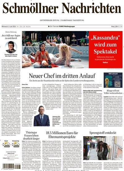 Titelbild der Ausgabe 156/2026 von Ostthüringer Zeitung Schmölln. Diese Zeitschrift und viele weitere Zeitungsabos als Abo oder epaper bei United Kiosk online kaufen.