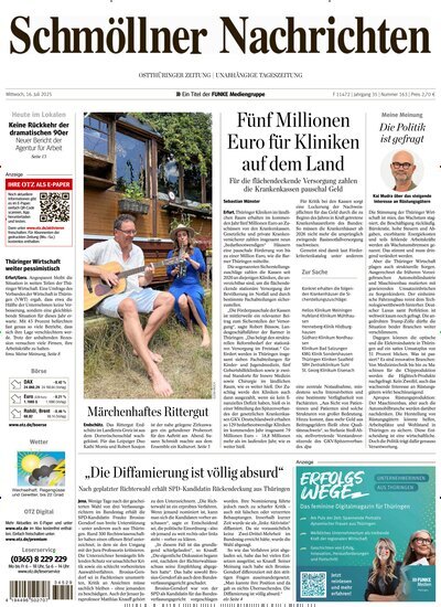 Titelbild der Ausgabe 163/2025 von Ostthüringer Zeitung Schmölln. Diese Zeitschrift und viele weitere Zeitungsabos als Abo oder epaper bei United Kiosk online kaufen.
