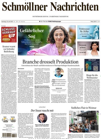 Titelbild der Ausgabe 165/2026 von Ostthüringer Zeitung Schmölln. Diese Zeitschrift und viele weitere Zeitungsabos als Abo oder epaper bei United Kiosk online kaufen.