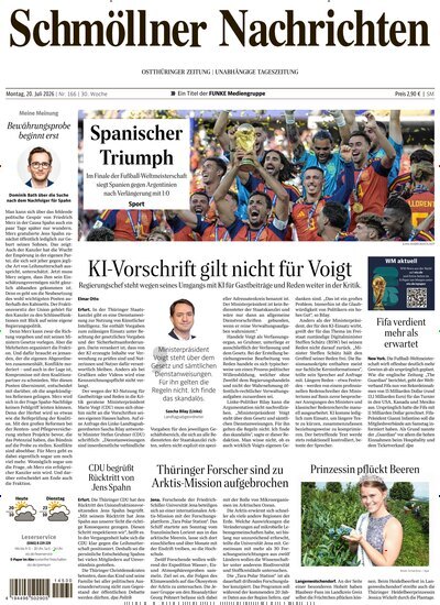 Titelbild der Ausgabe 166/2026 von Ostthüringer Zeitung Schmölln. Diese Zeitschrift und viele weitere Zeitungsabos als Abo oder epaper bei United Kiosk online kaufen.