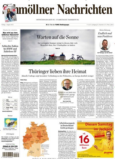 Titelbild der Ausgabe 177/2025 von Ostthüringer Zeitung Schmölln. Diese Zeitschrift und viele weitere Zeitungsabos als Abo oder epaper bei United Kiosk online kaufen.