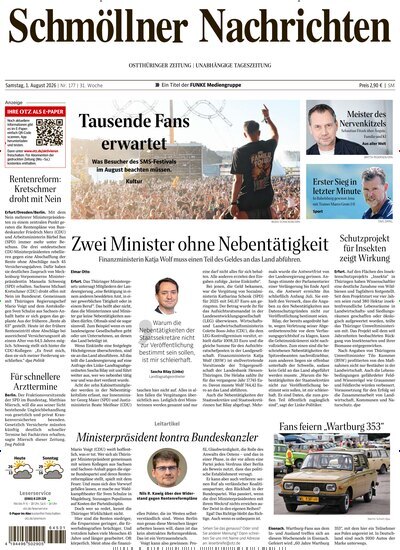 Titelbild der Ausgabe 177/2026 von Ostthüringer Zeitung Schmölln. Diese Zeitschrift und viele weitere Zeitungsabos als Abo oder epaper bei United Kiosk online kaufen.