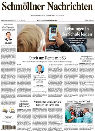 Titelbild der Ausgabe 179/2026 von Ostthüringer Zeitung Schmölln. Diese Zeitschrift und viele weitere Zeitungsabos als Abo oder epaper bei United Kiosk online kaufen.