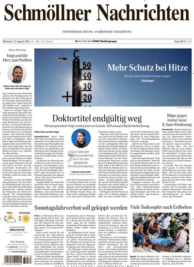 Titelbild der Ausgabe 186/2026 von Ostthüringer Zeitung Schmölln. Diese Zeitschrift und viele weitere Zeitungsabos als Abo oder epaper bei United Kiosk online kaufen.