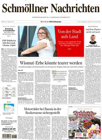 Titelbild der Ausgabe 193/2025 von Ostthüringer Zeitung Schmölln. Diese Zeitschrift und viele weitere Zeitungsabos als Abo oder epaper bei United Kiosk online kaufen.