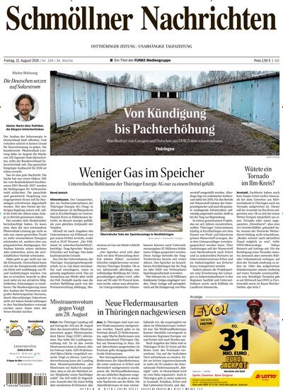 Titelbild der Ausgabe 194/2026 von Ostthüringer Zeitung Schmölln. Diese Zeitschrift und viele weitere Zeitungsabos als Abo oder epaper bei United Kiosk online kaufen.
