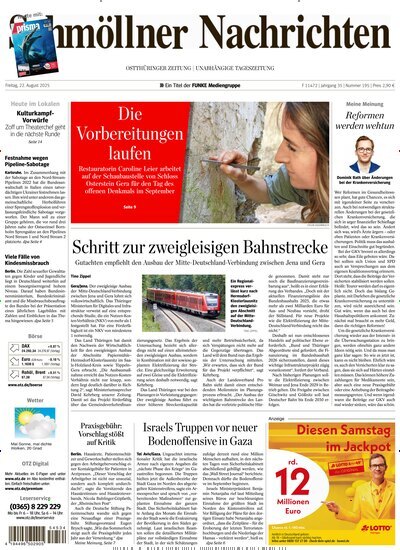Titelbild der Ausgabe 195/2025 von Ostthüringer Zeitung Schmölln. Diese Zeitschrift und viele weitere Zeitungsabos als Abo oder epaper bei United Kiosk online kaufen.