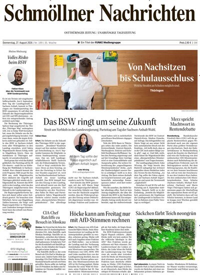 Titelbild der Ausgabe 199/2026 von Ostthüringer Zeitung Schmölln. Diese Zeitschrift und viele weitere Zeitungsabos als Abo oder epaper bei United Kiosk online kaufen.