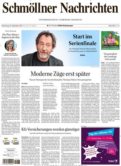 Titelbild der Ausgabe 211/2026 von Ostthüringer Zeitung Schmölln. Diese Zeitschrift und viele weitere Zeitungsabos als Abo oder epaper bei United Kiosk online kaufen.