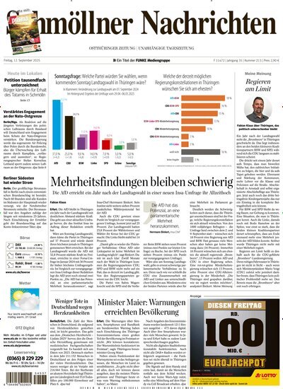 Titelbild der Ausgabe 213/2025 von Ostthüringer Zeitung Schmölln. Diese Zeitschrift und viele weitere Zeitungsabos als Abo oder epaper bei United Kiosk online kaufen.