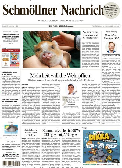 Titelbild der Ausgabe 215/2025 von Ostthüringer Zeitung Schmölln. Diese Zeitschrift und viele weitere Zeitungsabos als Abo oder epaper bei United Kiosk online kaufen.