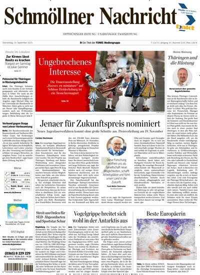 Titelbild der Ausgabe 218/2025 von Ostthüringer Zeitung Schmölln. Diese Zeitschrift und viele weitere Zeitungsabos als Abo oder epaper bei United Kiosk online kaufen.