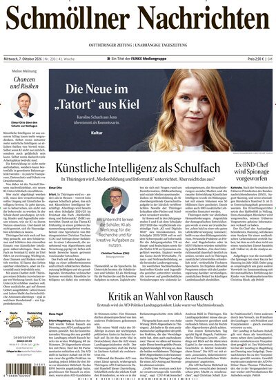 Titelbild der Ausgabe 233/2026 von Ostthüringer Zeitung Schmölln. Diese Zeitschrift und viele weitere Zeitungsabos als Abo oder epaper bei United Kiosk online kaufen.