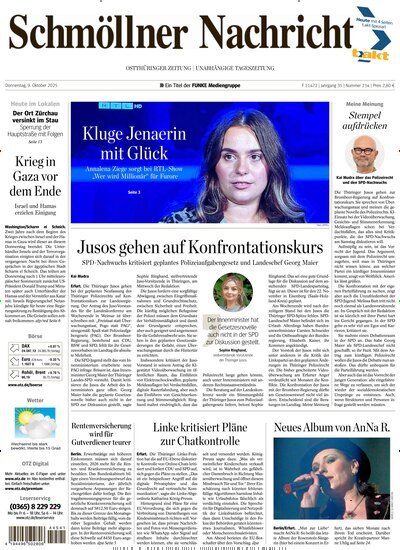 Titelbild der Ausgabe 234/2025 von Ostthüringer Zeitung Schmölln. Diese Zeitschrift und viele weitere Zeitungsabos als Abo oder epaper bei United Kiosk online kaufen.