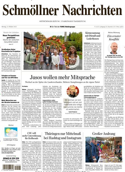 Titelbild der Ausgabe 237/2025 von Ostthüringer Zeitung Schmölln. Diese Zeitschrift und viele weitere Zeitungsabos als Abo oder epaper bei United Kiosk online kaufen.