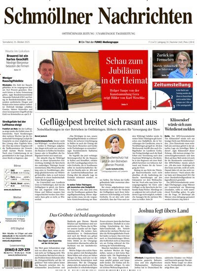Titelbild der Ausgabe 248/2025 von Ostthüringer Zeitung Schmölln. Diese Zeitschrift und viele weitere Zeitungsabos als Abo oder epaper bei United Kiosk online kaufen.
