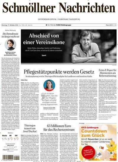 Titelbild der Ausgabe 250/2026 von Ostthüringer Zeitung Schmölln. Diese Zeitschrift und viele weitere Zeitungsabos als Abo oder epaper bei United Kiosk online kaufen.