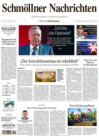 Titelbild der Ausgabe 259/2025 von Ostthüringer Zeitung Schmölln. Diese Zeitschrift und viele weitere Zeitungsabos als Abo oder epaper bei United Kiosk online kaufen.