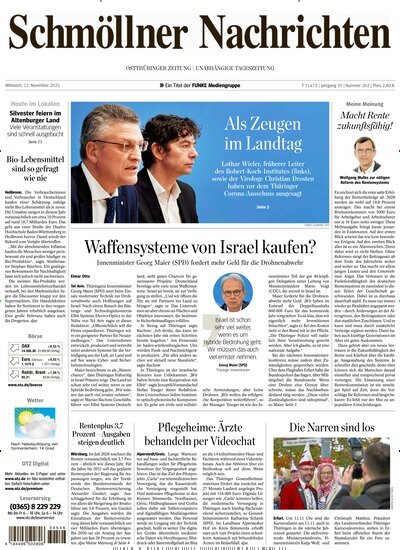 Titelbild der Ausgabe 262/2025 von Ostthüringer Zeitung Schmölln. Diese Zeitschrift und viele weitere Zeitungsabos als Abo oder epaper bei United Kiosk online kaufen.