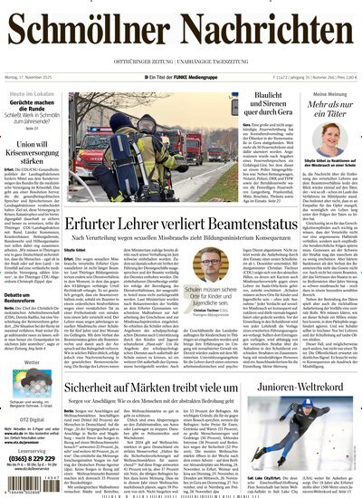 Titelbild der Ausgabe 266/2025 von Ostthüringer Zeitung Schmölln. Diese Zeitschrift und viele weitere Zeitungsabos als Abo oder epaper bei United Kiosk online kaufen.